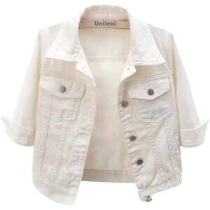 Women's 3/4 Sleeve Colored Cropped Denim Jacket Short Jean Jacket Trucker White